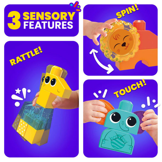 MEGA Bloks Rock N Rattle Safari Sensory Building Toys For Toddlers 1-3 (15 Pcs)
