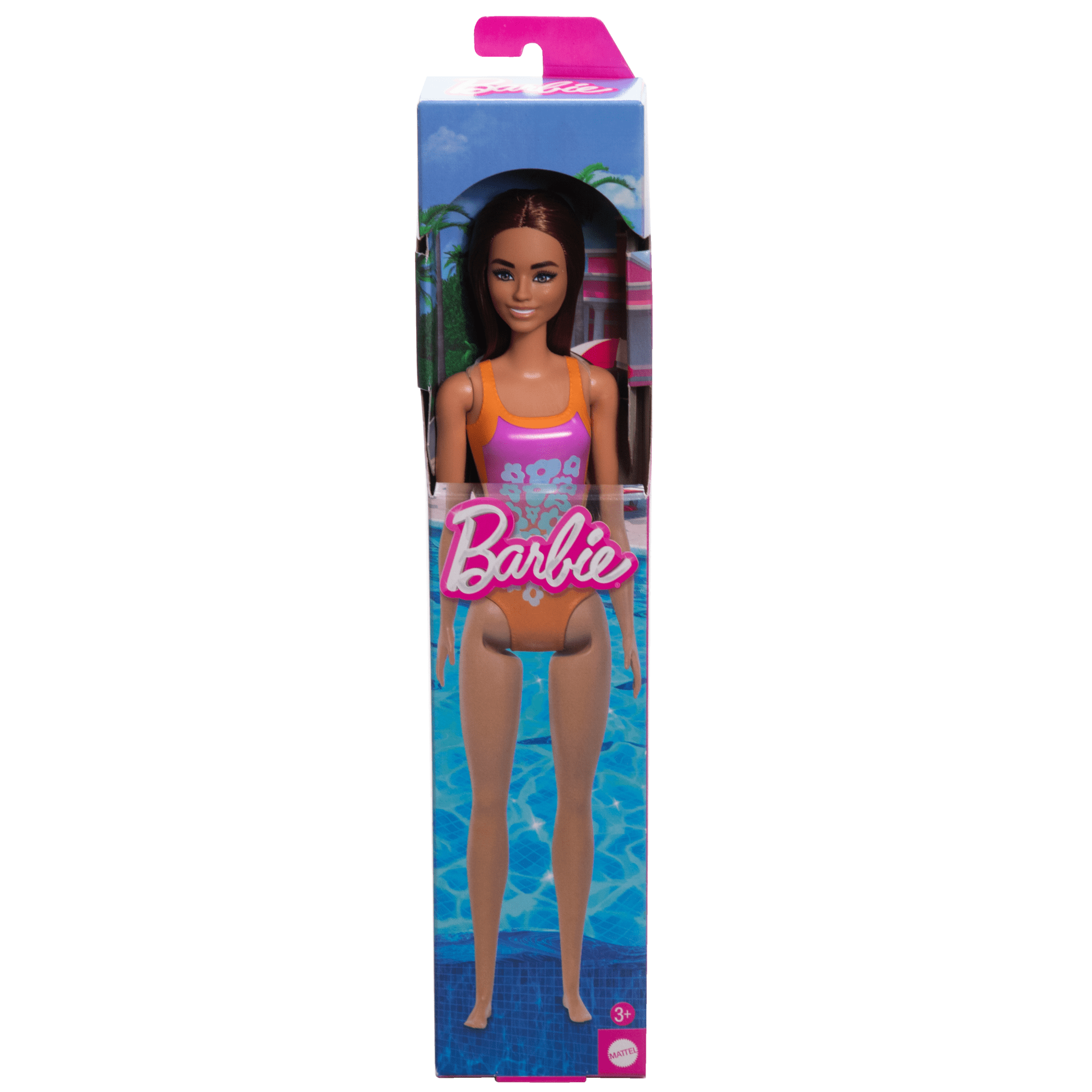 Barbie  Poupée Plage  Cheveux Brun Clair, Maillot Rose et Orange