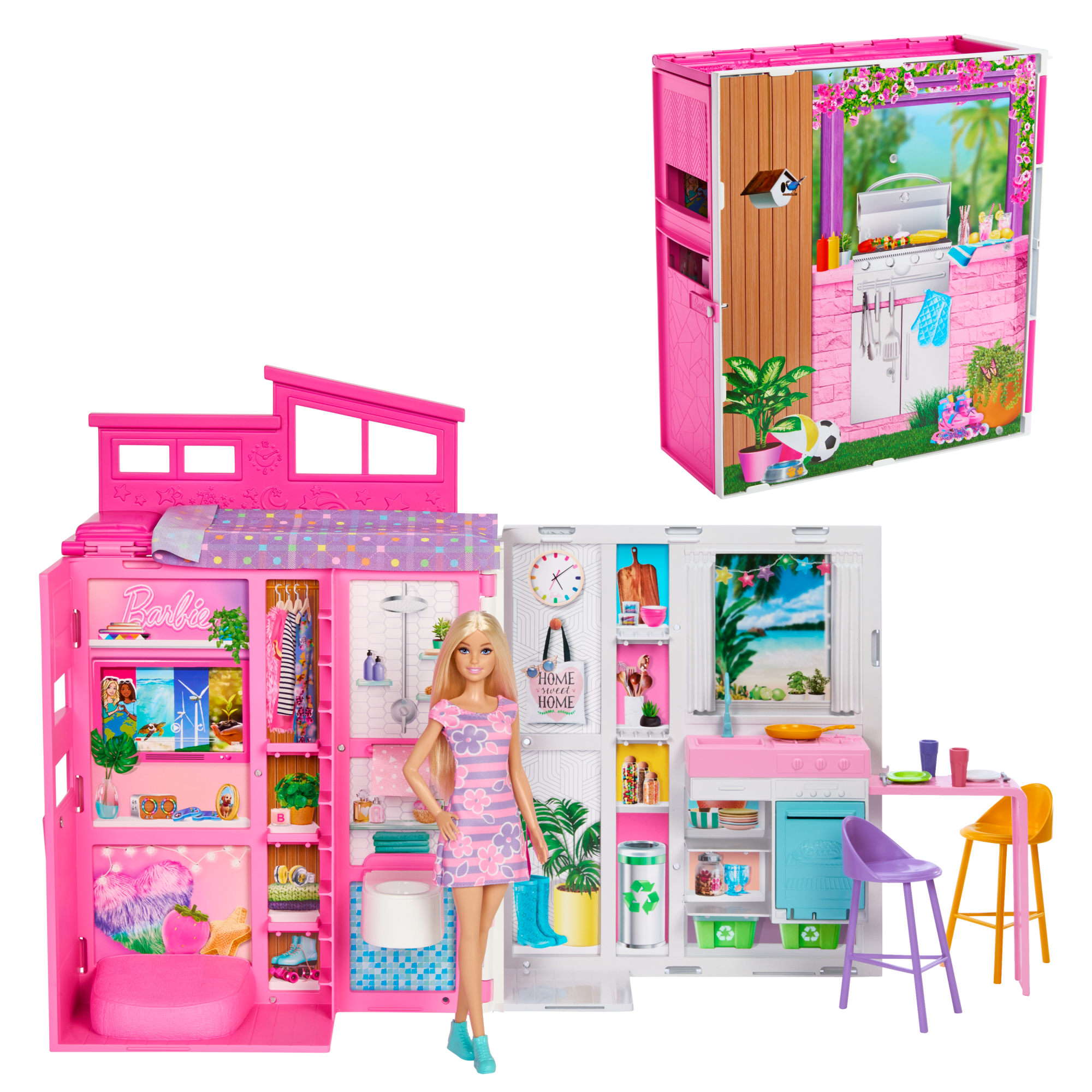 Barbie  Maison Portative et Poupée, 4Pièces, 11Accessoires