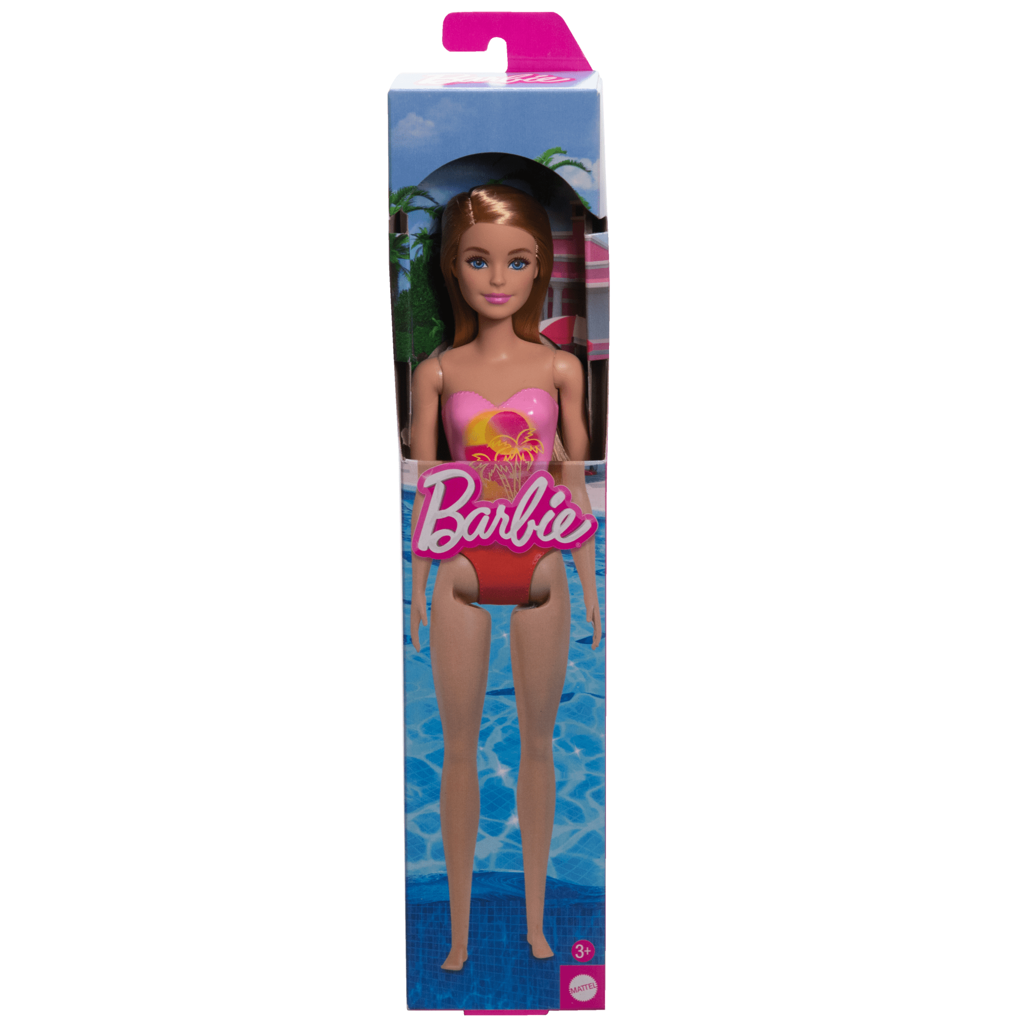 Barbie  Poupée Plage  Cheveux Blonds, Maillot Rose à Imprimé Palmiers